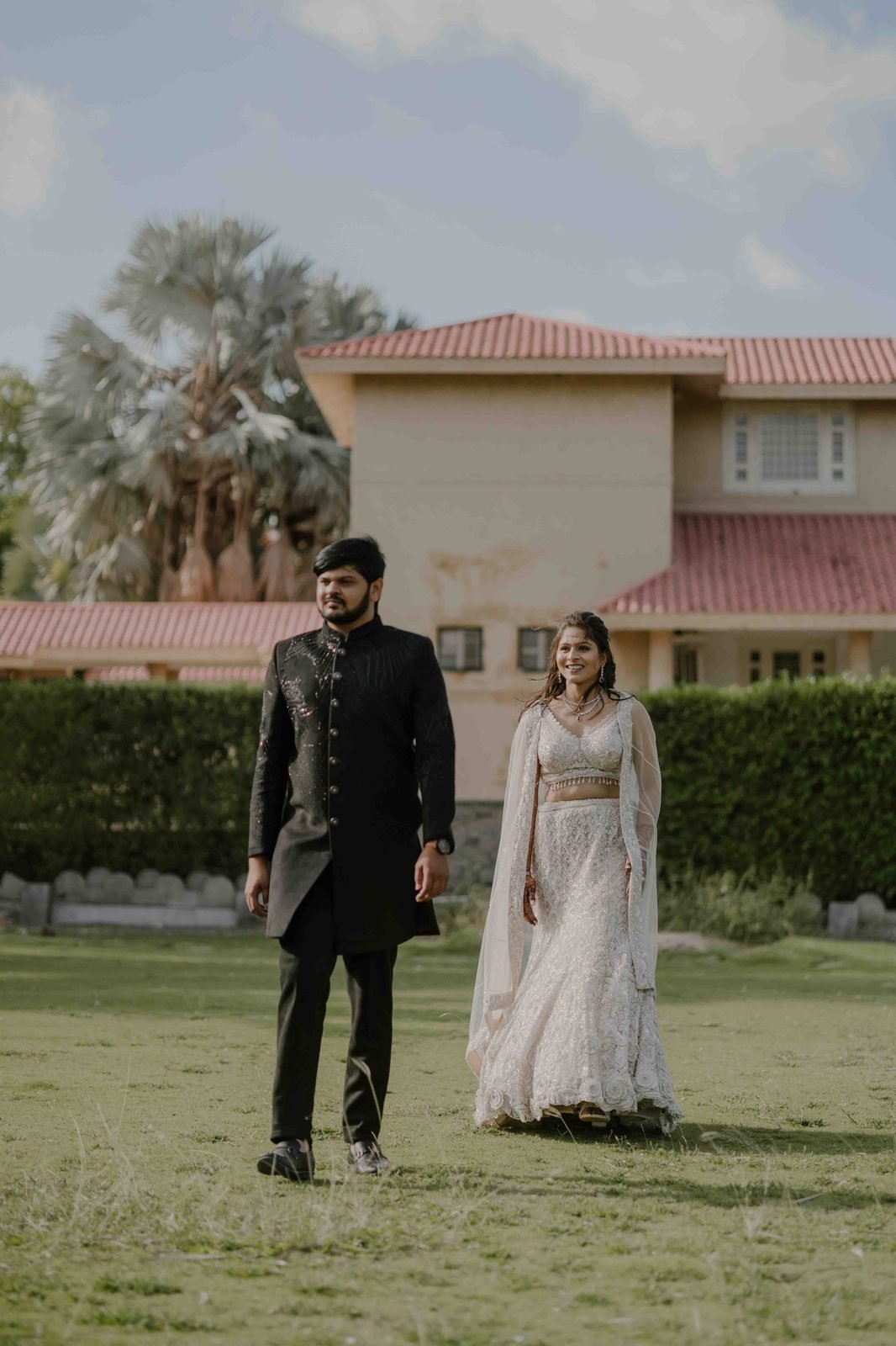 Bride and groom walking together